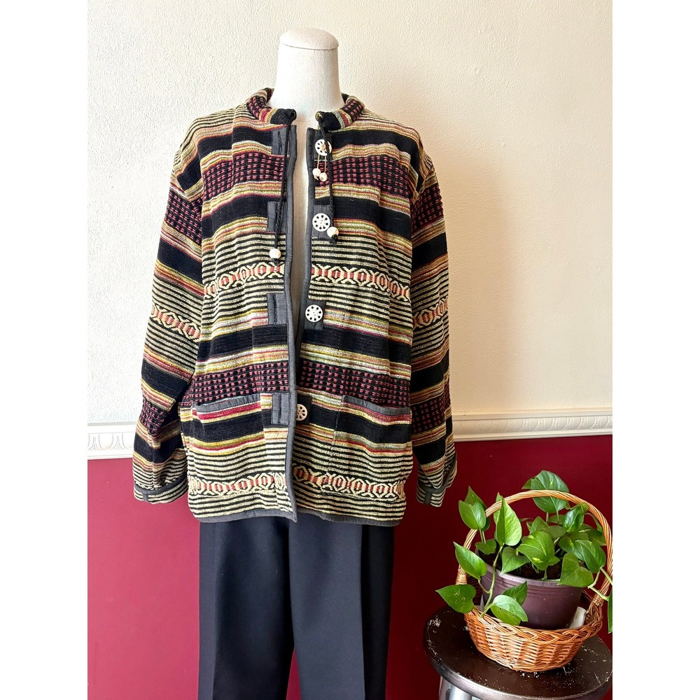 Think Positive Vintage Cotton Tapestry Jacket Striped M Earthy Bohemian Eclectic